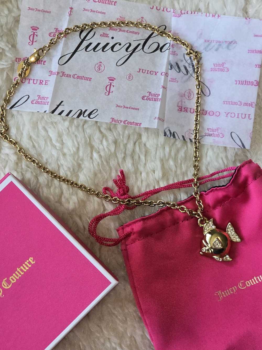 Juicy Couture Puffy Gold Tone Fish Pendant Necklace with Pink Pouch And Box
